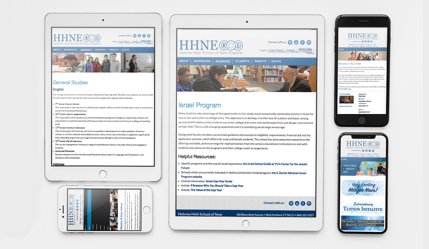 Hebrew High School of New England Mobile Website mockups