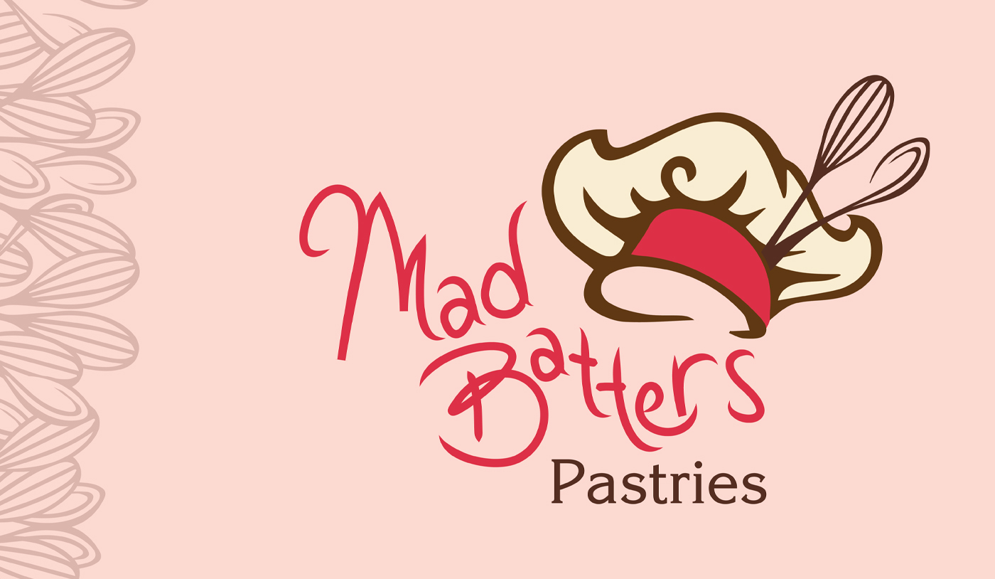 Mad batters logo on a pink background with spoons and whisks on the left side