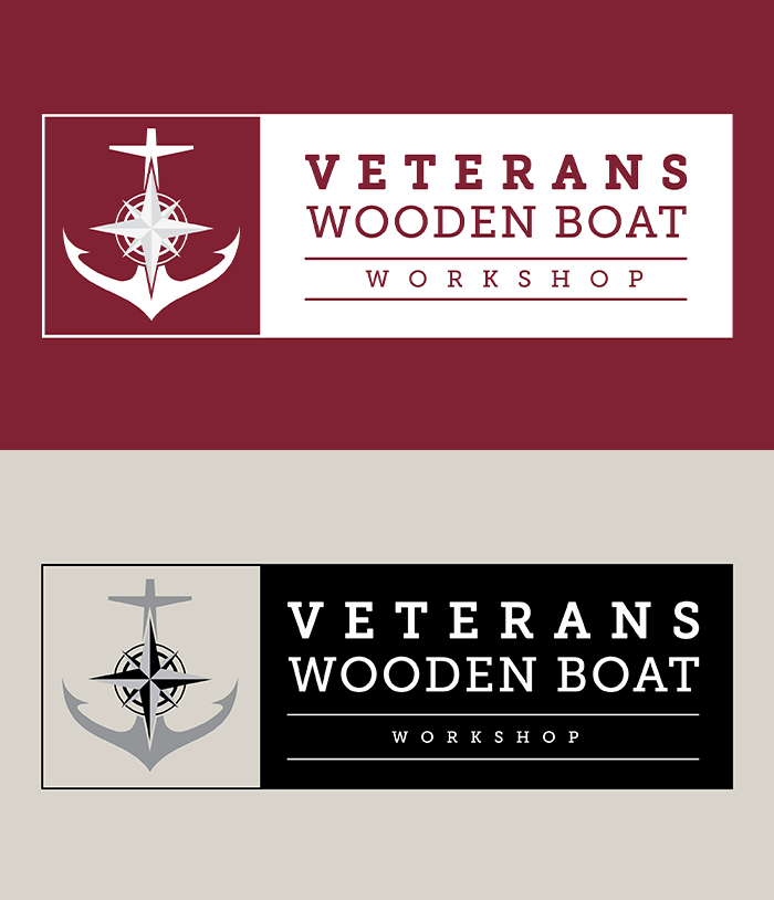 Veteran Wooden Boat Workshop Black and White logo on a tan and red background